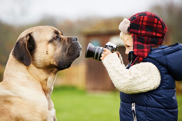 cane e bambino che lo fotografa
