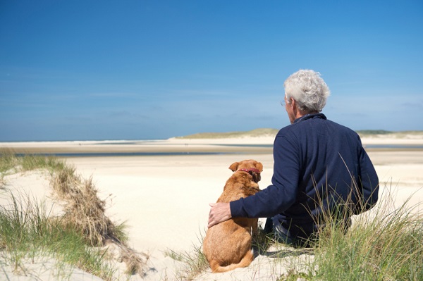 Man with dog on sand dune