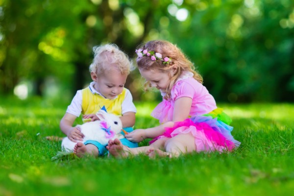 bambini giocano con un coniglio