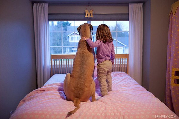 cane e bambina di spalle