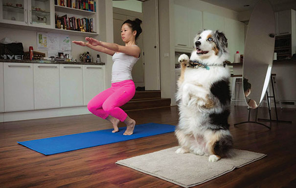 donna fa ginnastica sul tappettino con cane accanto